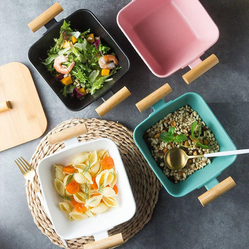 Modern ceramic bowl with irregular shape and matching lid in four colour options
