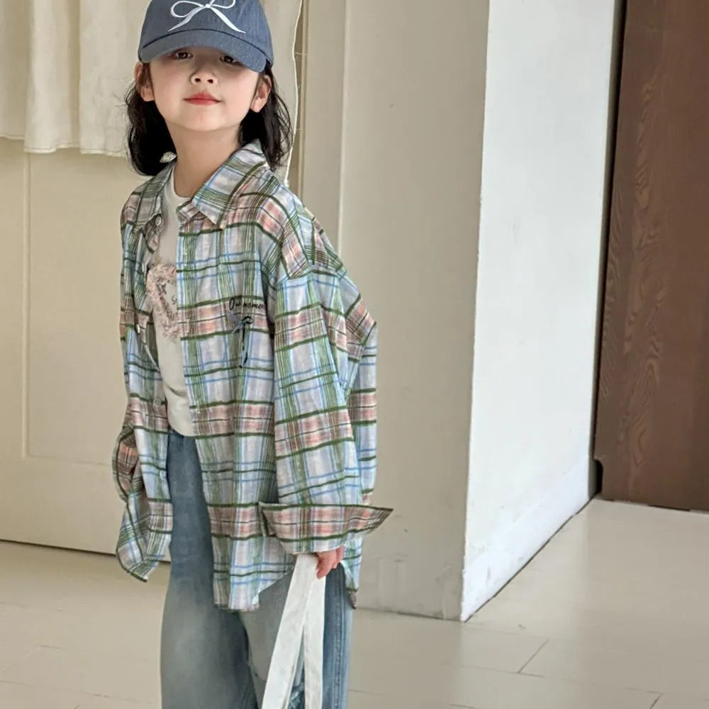Girls' blue plaid cotton long sleeve shirt for spring and autumn, available in 110cm to 160cm heights