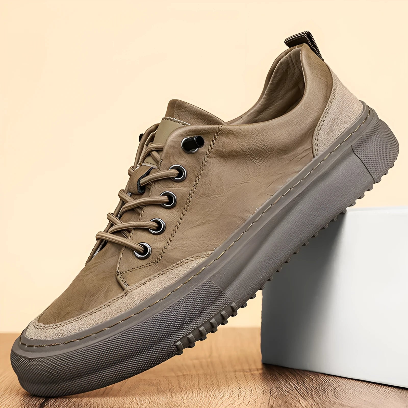 British round toe men's leather shoes in black and khaki with microfiber upper and lace-up front