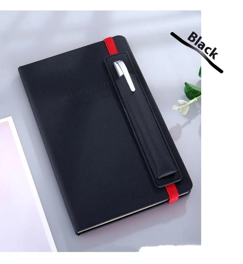 A5 faux leather notebook open with pen insert and strap, 200 pages, blue and black options