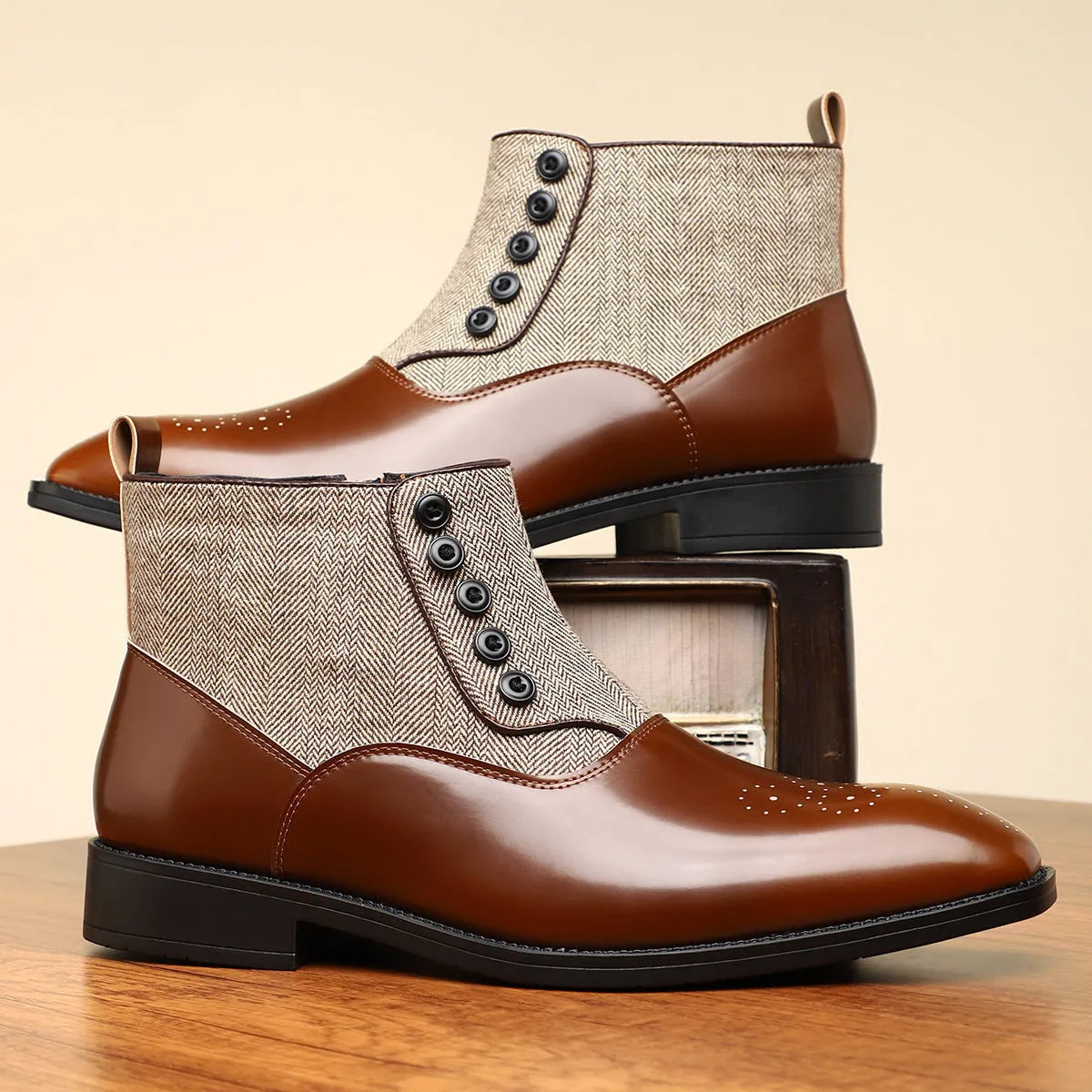 Men's brown retro formal shoe with side zipper, square toe, and low square heel on a white background.