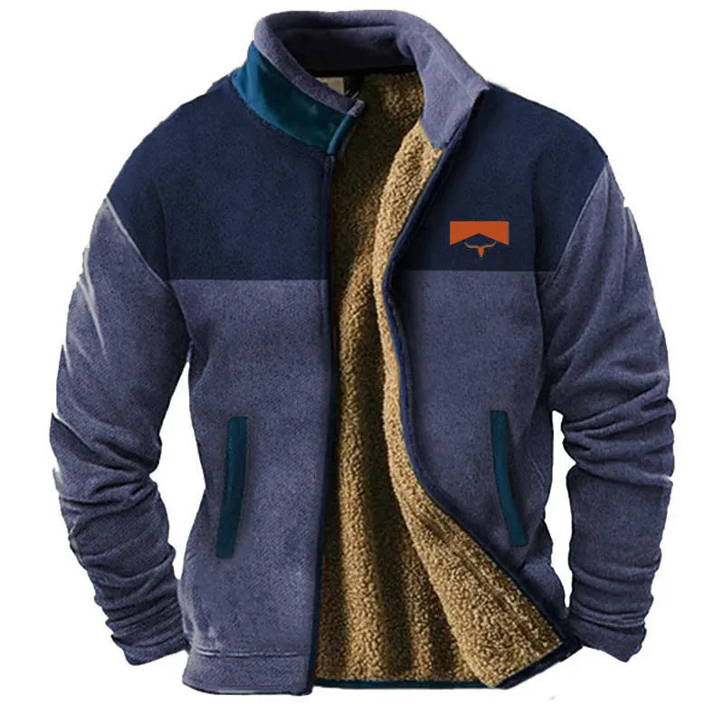 Men's green polyester fleece padded coat on a hanger, showing regular fit and quilted padding.