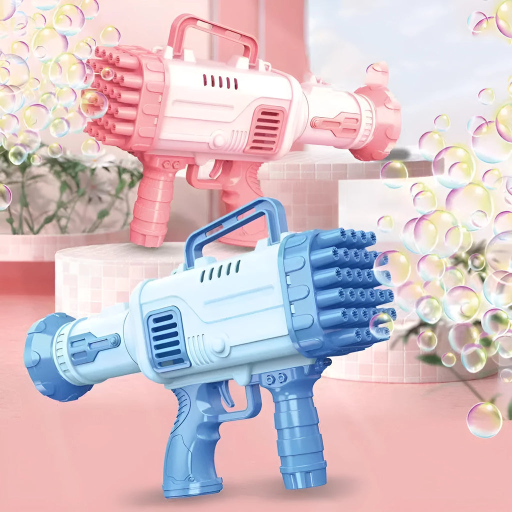 Sky blue electric Gatling bubble machine gun for children with 32 holes and light effects.
