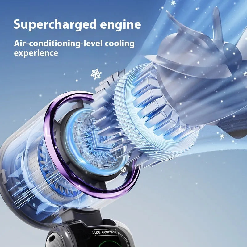 Handheld electric fan with folding design in blue colour showing USB charging port and speed adjustment buttons