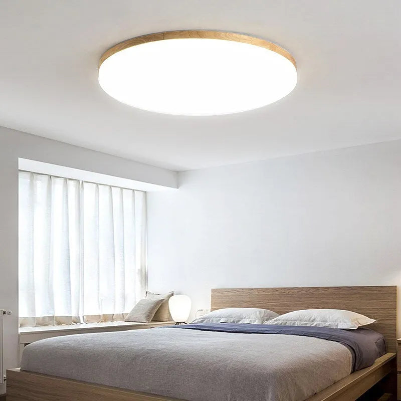 Japanese minimalist ceiling lamp with wooden frame and acrylic shade in three available sizes