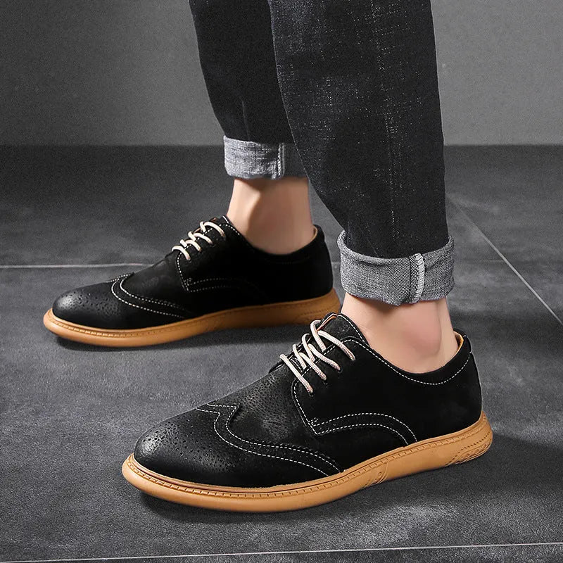 Men's black business leather lace-up shoes with low-top design and visible stitching