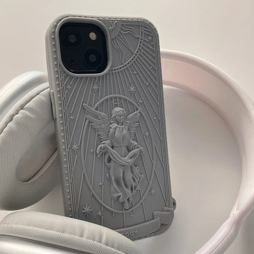 Silicone phone case with embossed Statue of Liberty design, available in beige or gray, for iPhone 11 to 16