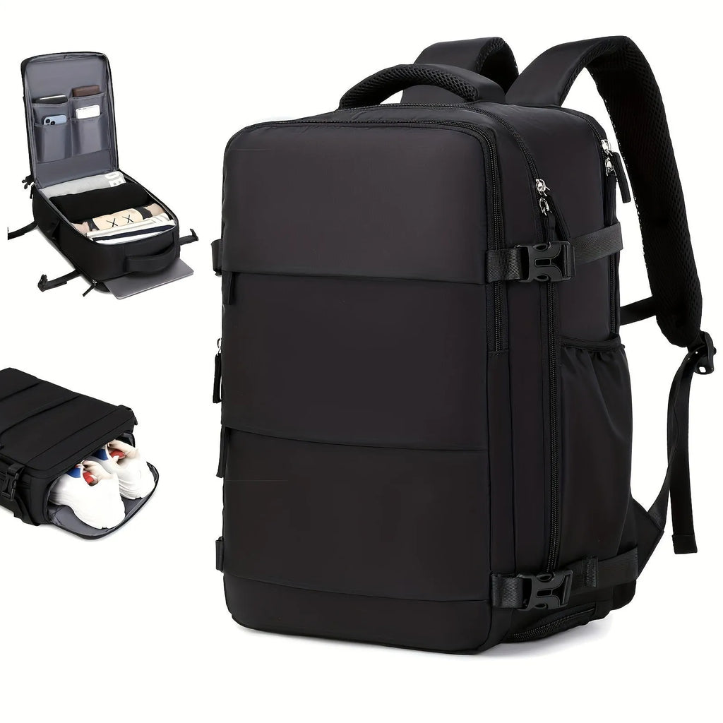 Large capacity multifunctional nylon travel backpack in black colour with 20-35 litre storage