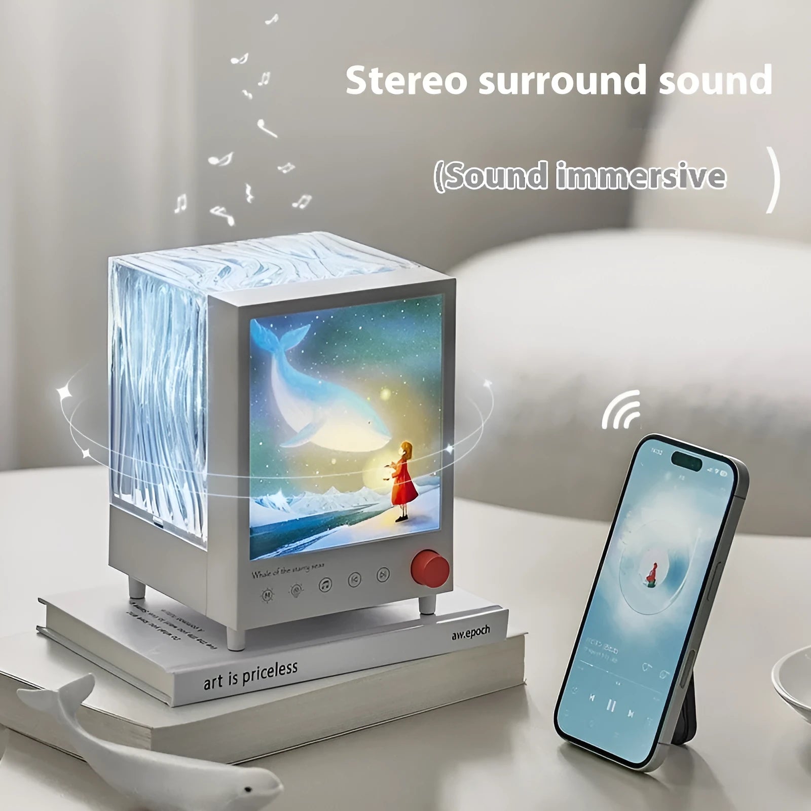 Aurora Treasure Box projection lamp showing star sea whale light effect and compact design.