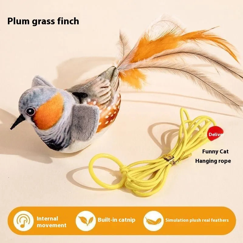 Cat toy simulation bird hanging door teaser plush bird in green white eyebrows colour
