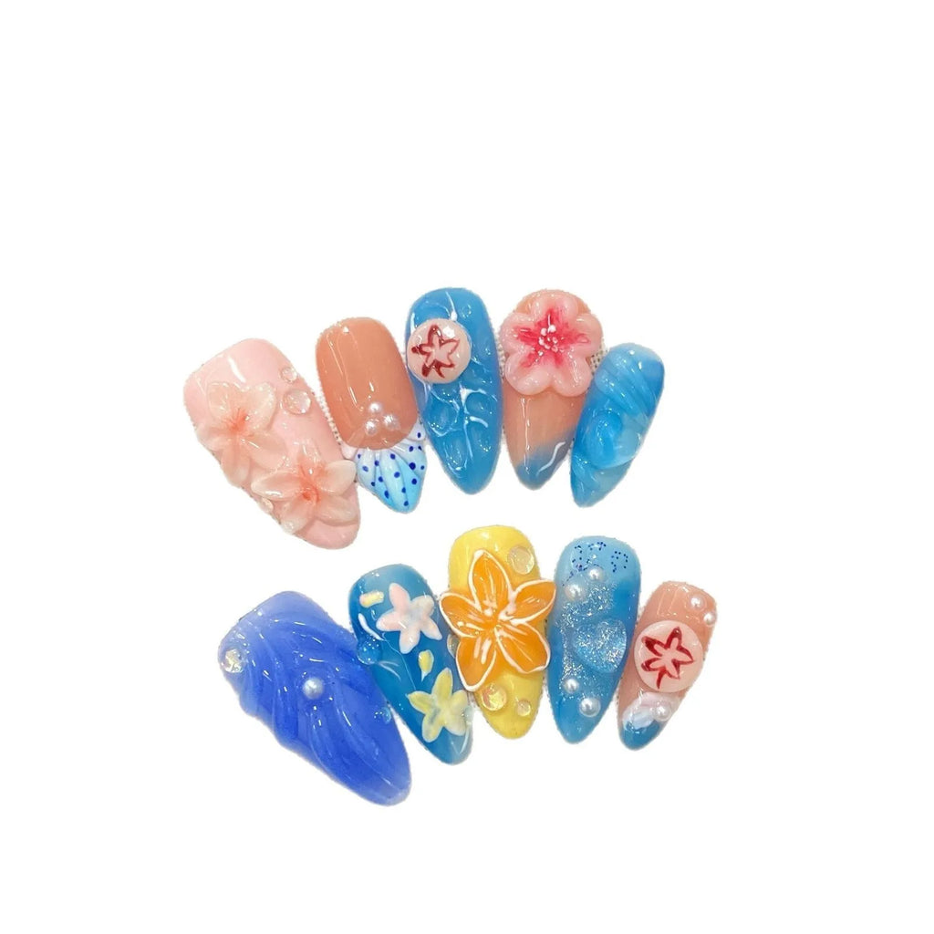 Three-dimensional carved plastic jellyfish wearable armour in almond nail colour for cosplay.
