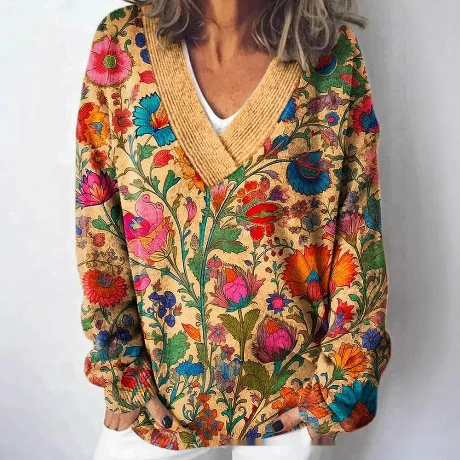 Women's V-neck floral print sweatshirt with 3D effect and long sleeves in an art retro style.