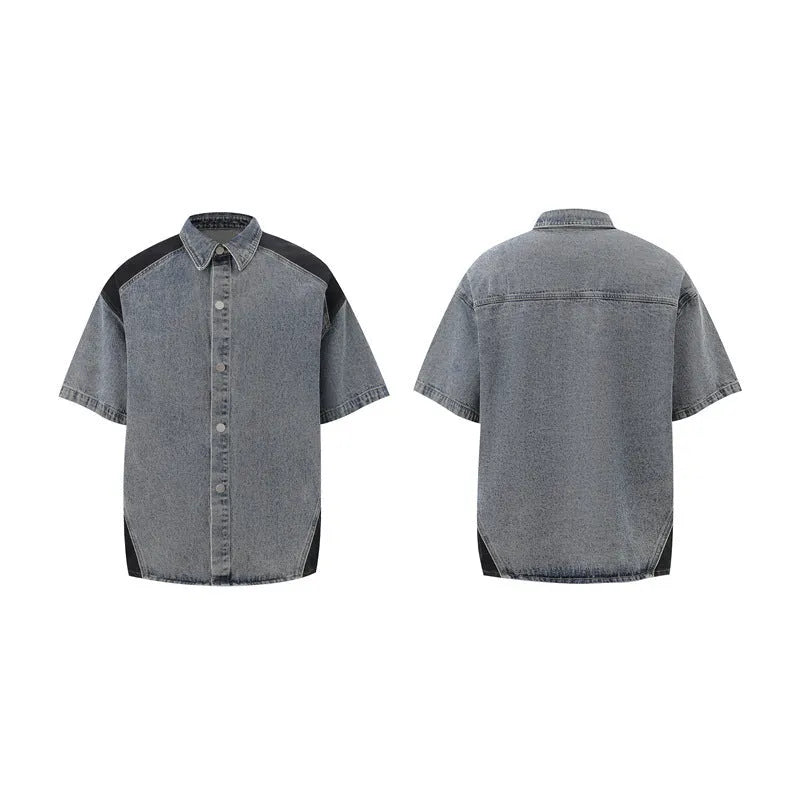 A retro-style washed denim suit featuring a short-sleeved jacket and full-length trousers on a mannequin.
