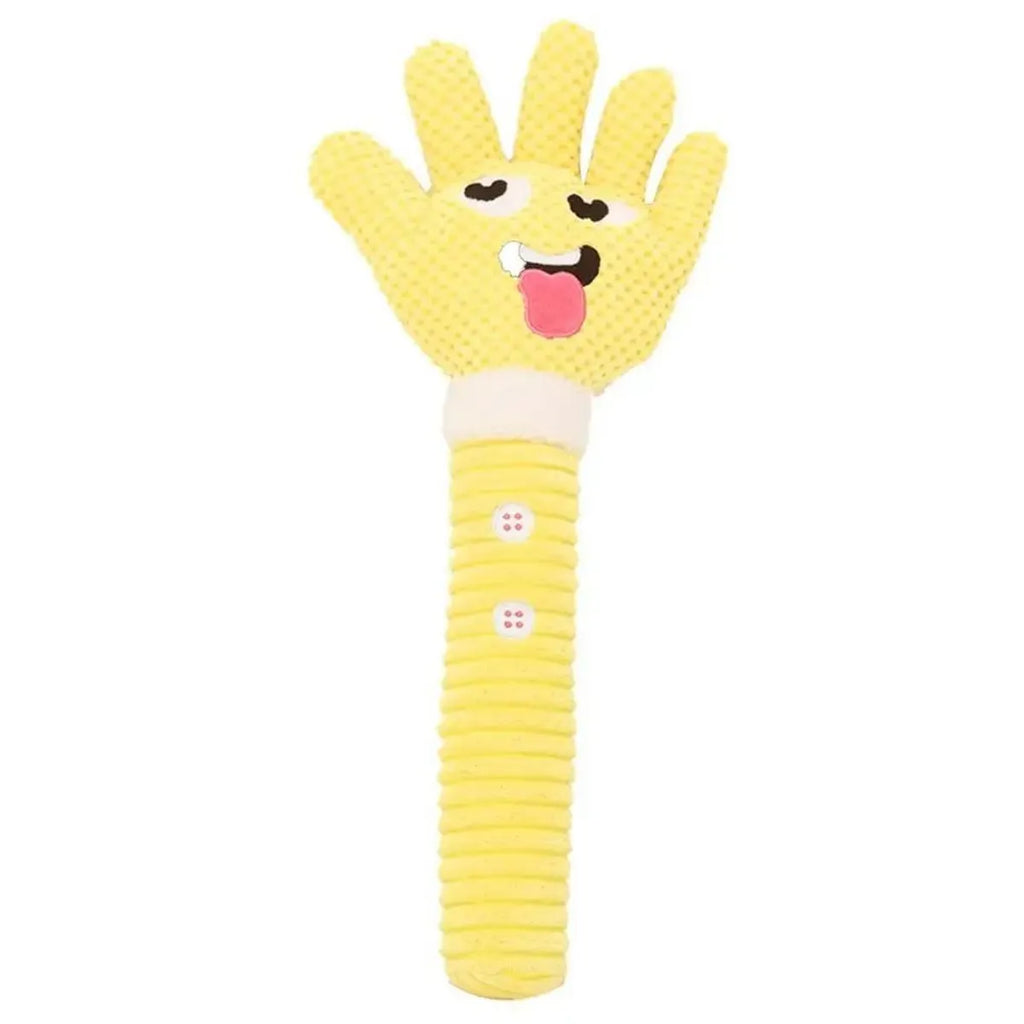 Yellow palm-shaped squeaky plush dog teething toy with bite-resistant fabric, soft texture, and compact size for puppy chewing play
