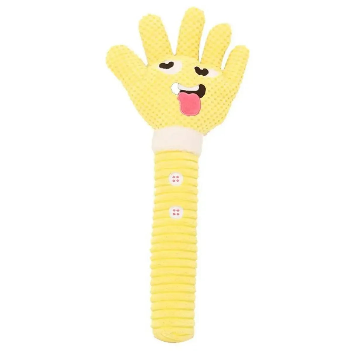 Yellow palm-shaped squeaky plush dog teething toy with bite-resistant fabric, soft texture, and compact size for puppy chewing play