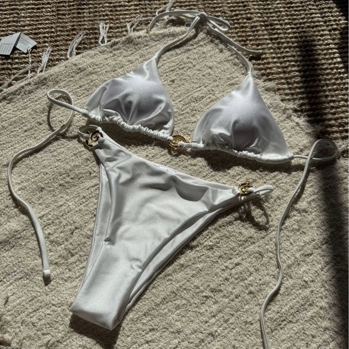 Sexy nylon metal ring lace-up backless bikini with shorts in white