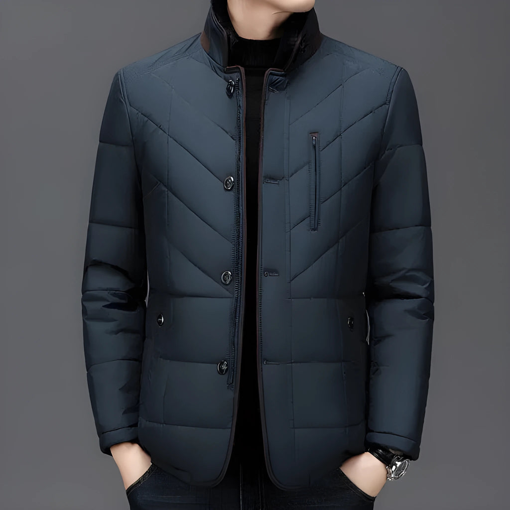 Men's solid colour winter short coat with side seam pockets, available in dark blue.