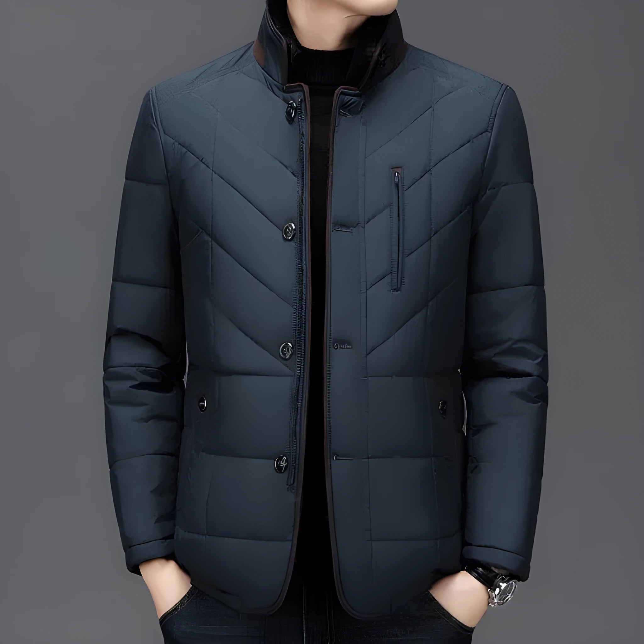 Men's solid colour winter short coat with side seam pockets, available in dark blue.