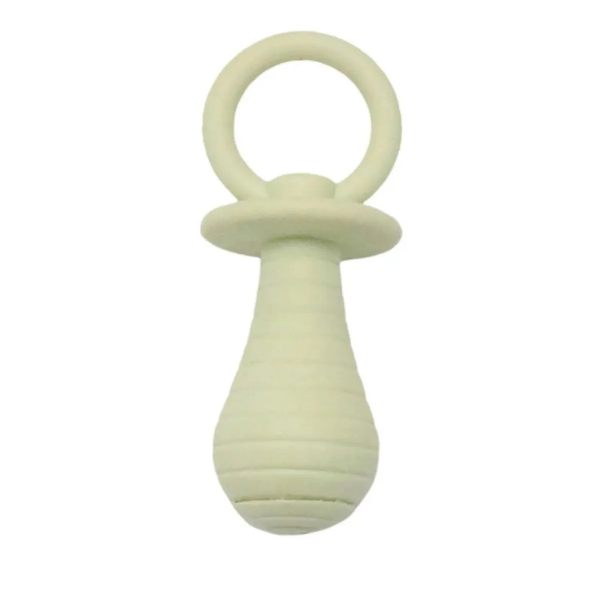 Four TPR rubber pet pacifier chew toys with squeakers in blue, grey, green, and pink colours