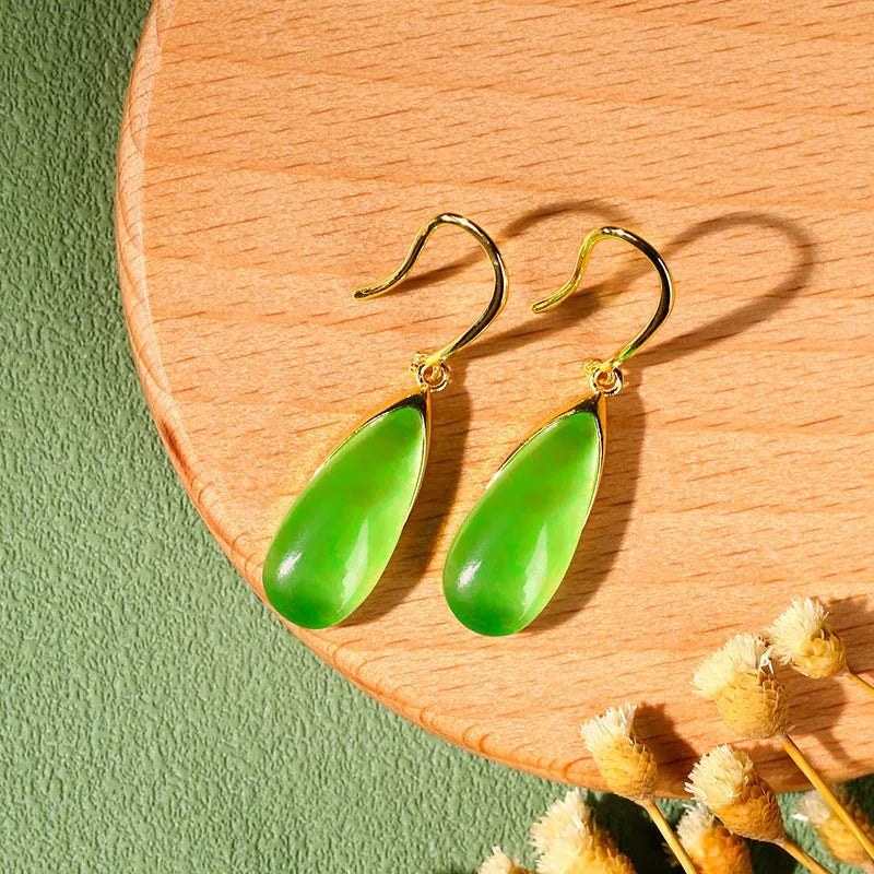 Jade green geometric Chinese-style earrings with water droplet design on copper with gold electroplating