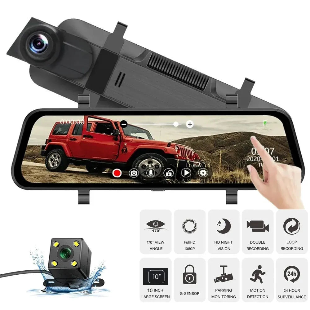 10-inch full screen car dash camera with front and rear lenses on a touch screen display.