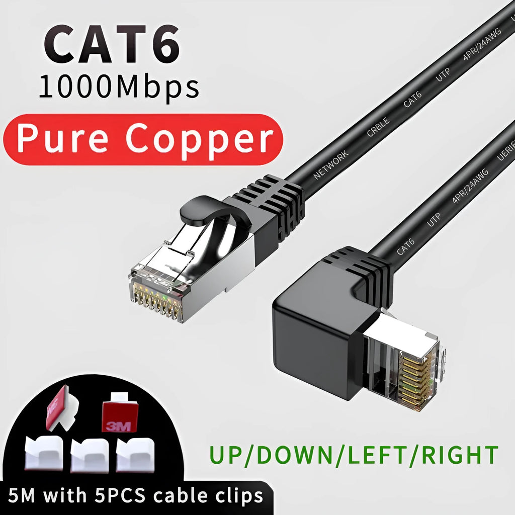 Coloured Cat6 Ethernet cable with a right-angled metal RJ45 connector plug in a choice of four orientations.