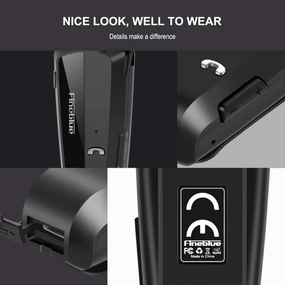 Retractable business collar single-ear Bluetooth headset in black with clip-on design