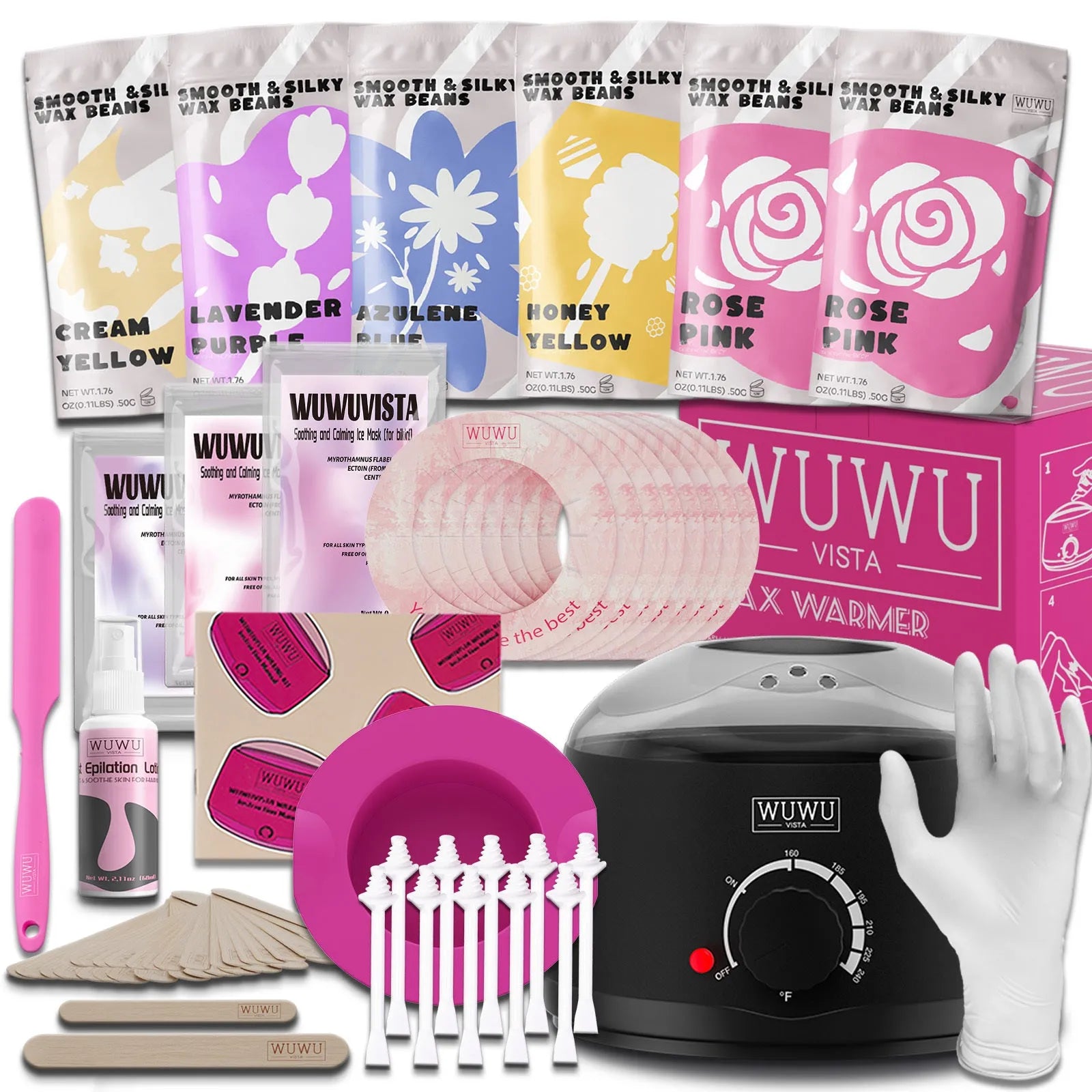 WUWUVISTA professional waxing kit with wax warmer, beads, applicators and aftercare products