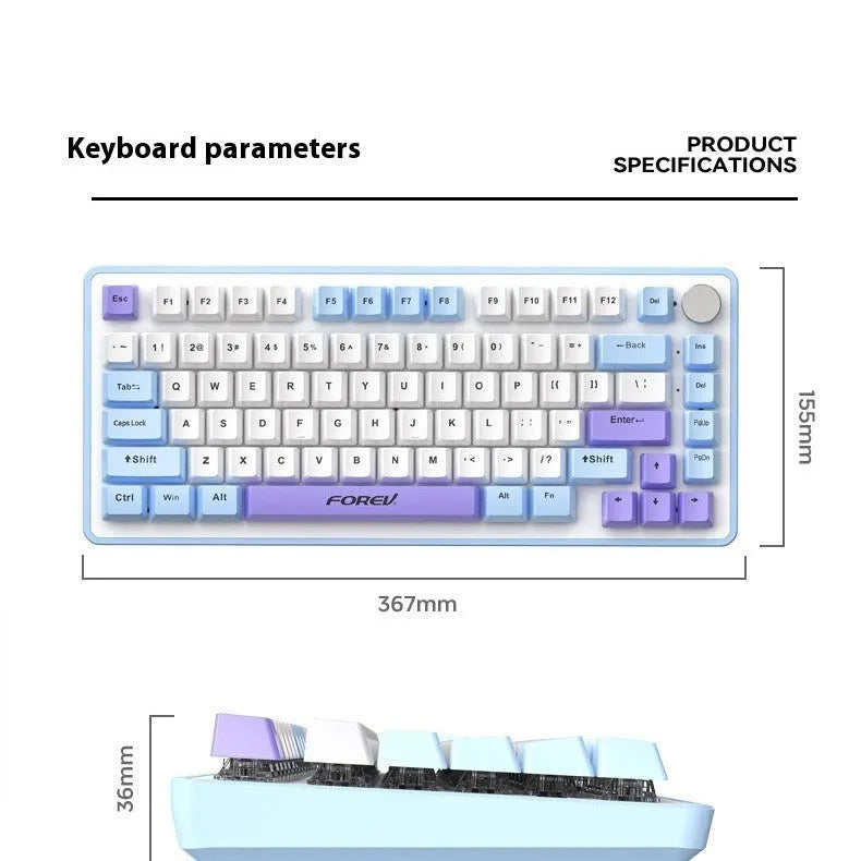 Custom mechanical keyboard and wireless mouse in selected colour option with backlight illumination.