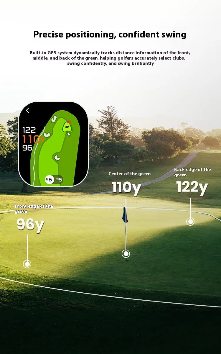 GenePro G1 black golf laser rangefinder with GPS shown on golf course.