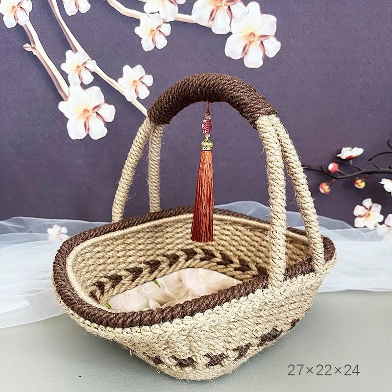 Coffee brown hand-woven straw basket with rustic texture, shown from a side angle.