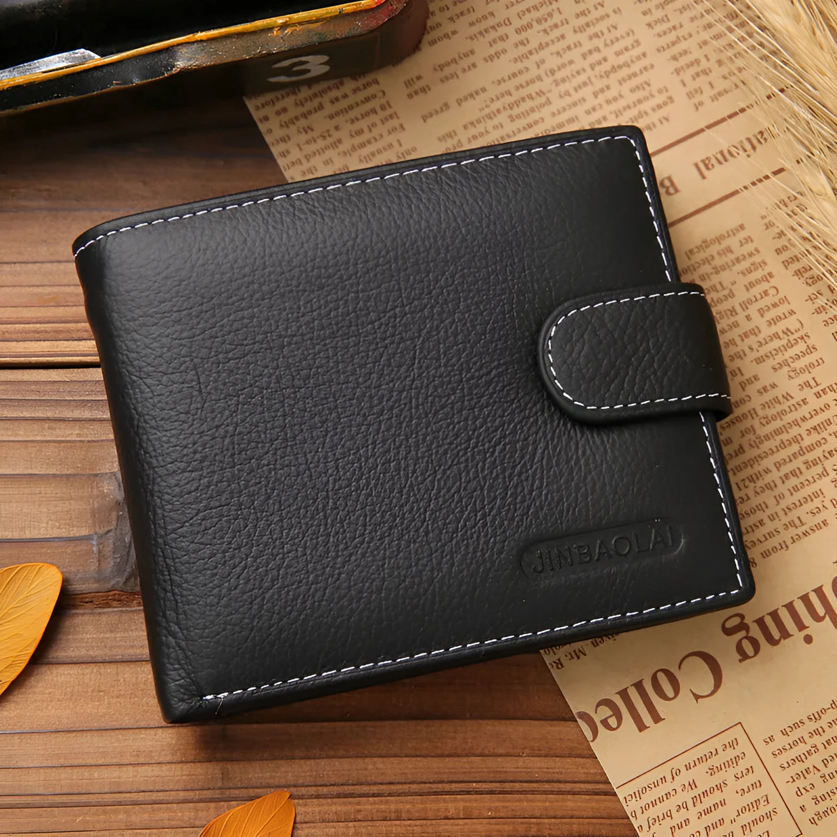 Men's short genuine leather wallet with zipper buckle, first layer cowhide, available in black or brown