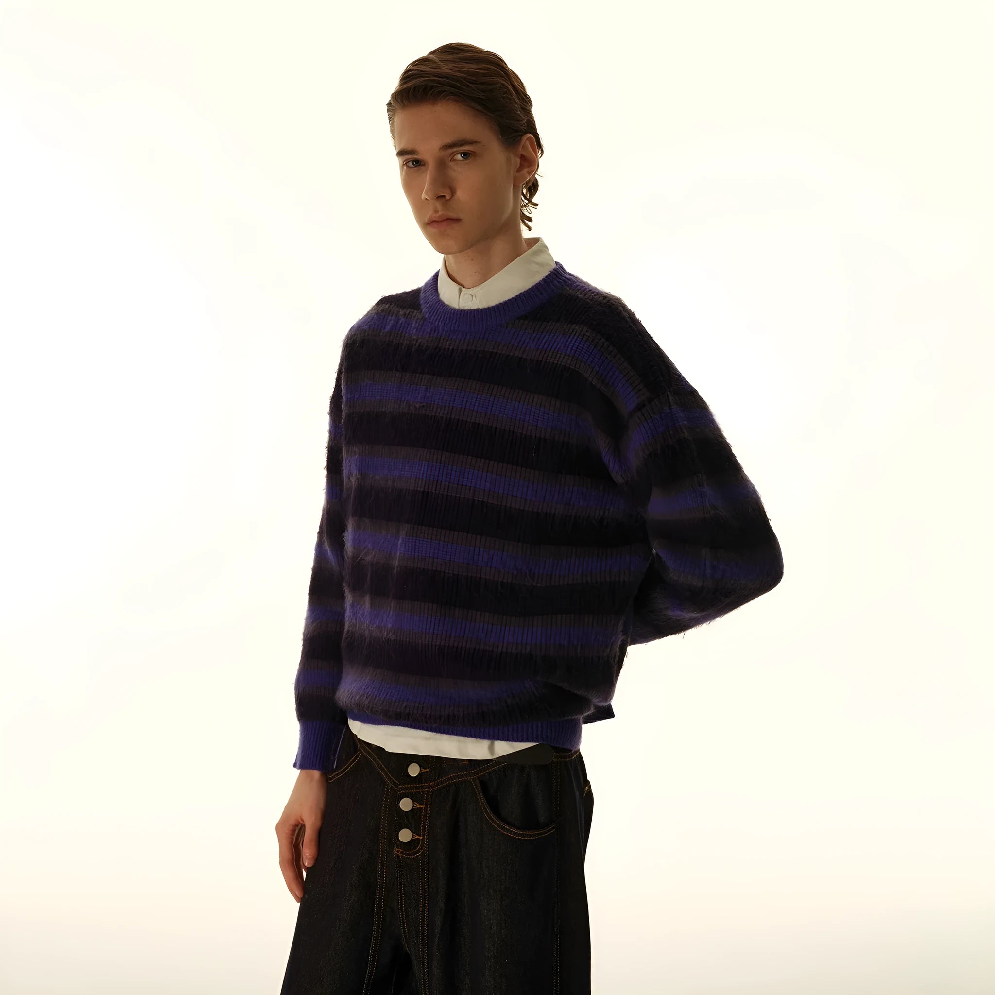 American retro cleanfit striped round neck pullover sweater for men in yellow-orange and blue-black colour options