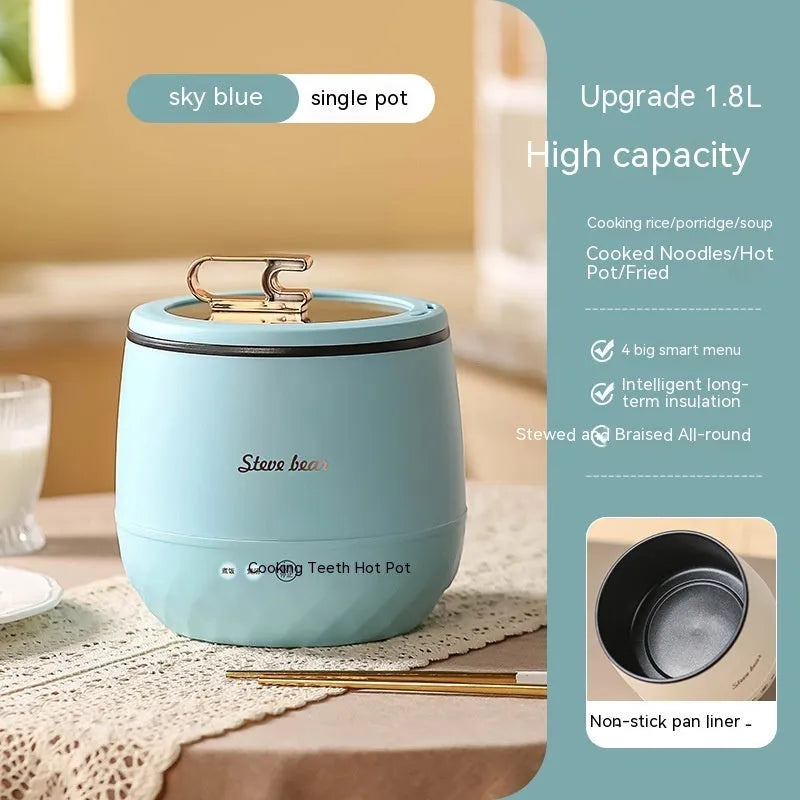 Household mini multi-function rice cooker in beige with steamer attachment, 1.8L capacity, 18x16cm