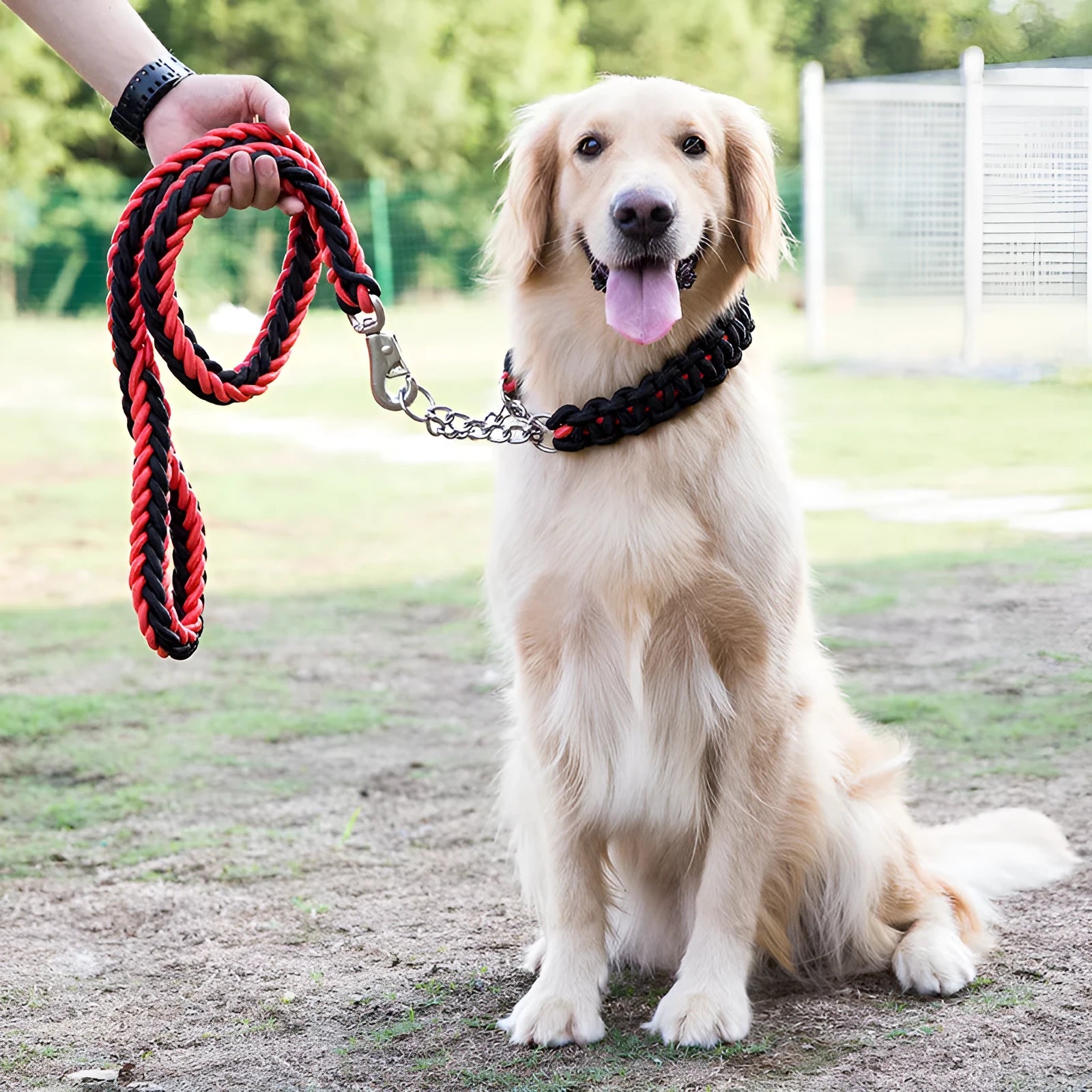Heavy duty nylon braided dog collar and leash set in black, with 360-degree rotatable hook, for training and walking large dogs.