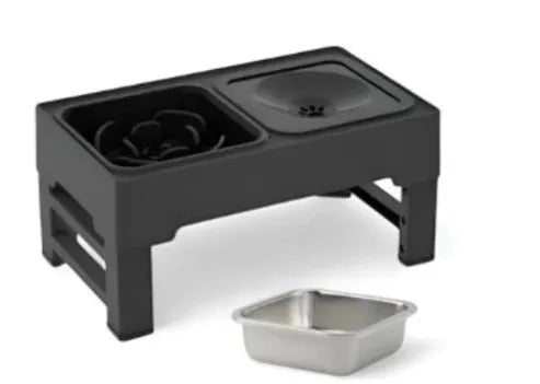 Adjustable height black dog bowl stand with two stainless steel food and water bowls