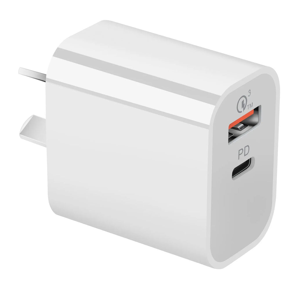 White dual port USB charger with Australian plug, showing USB-A and USB-C ports.