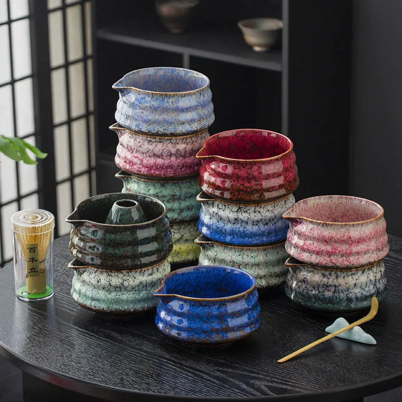 Japanese style matcha bowl set 7-piece gift box with bamboo whisk stand and ceramic bowl in cherry blossom blue