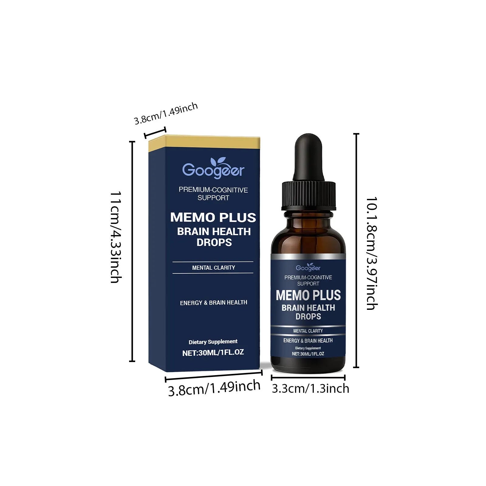 Googeer Brain Health Drops 30ml bottle with dropper, containing herbal liquid supplement for cognitive support