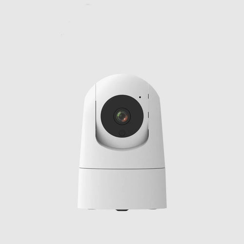 White indoor security camera with lens on a circular motorised base, showing compact size for shelf placement.