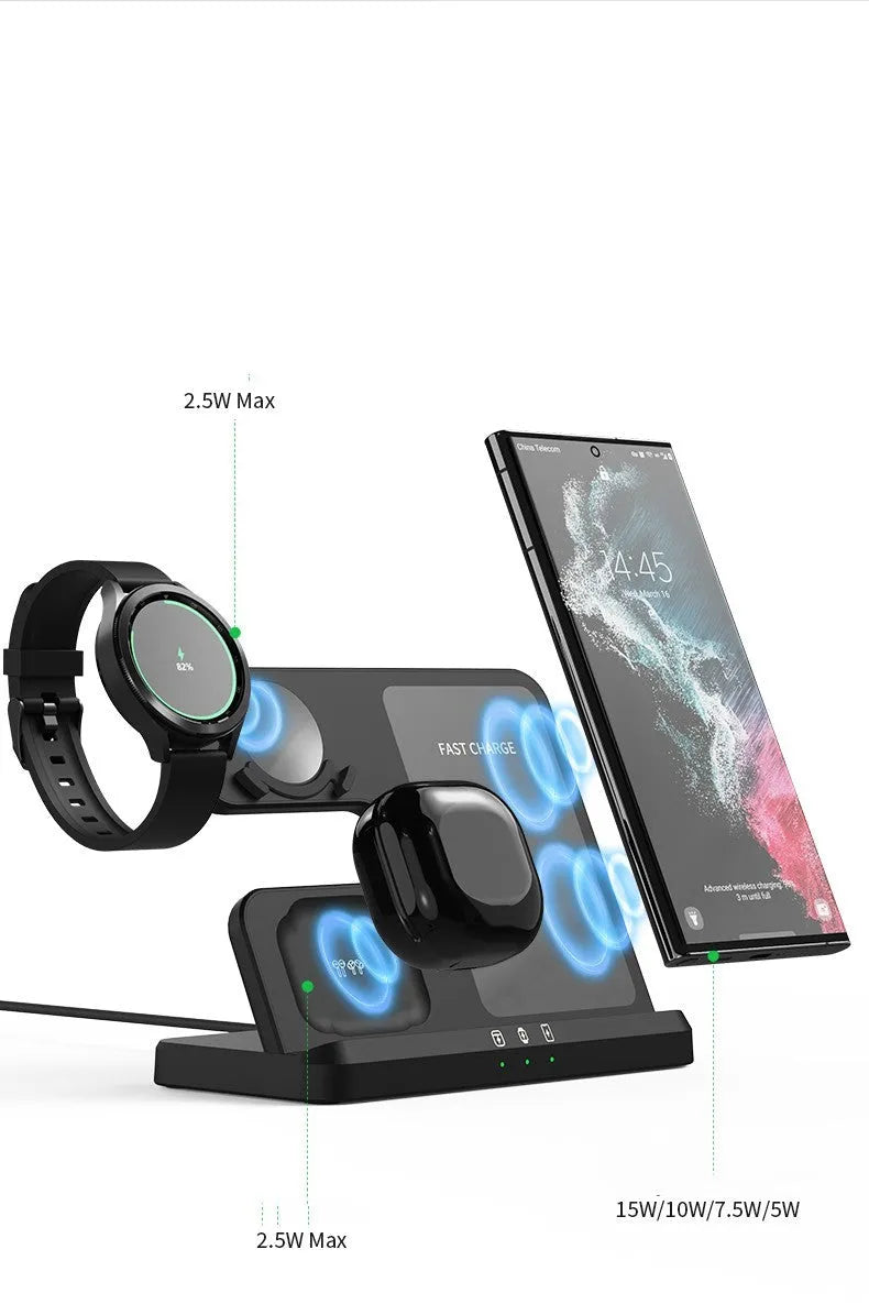 A vertical 3-in-1 wireless charging stand holding a mobile phone, a smartwatch, and headphones on a desk.