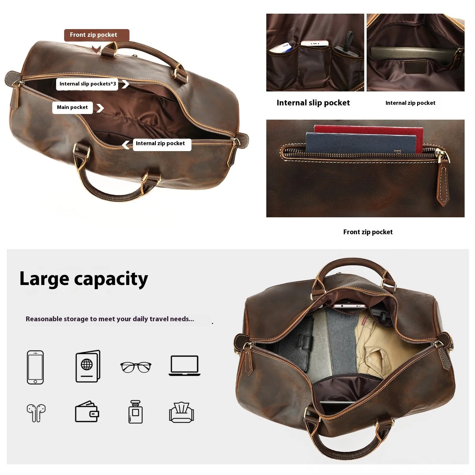 Men's vintage leather crossbody bag in first layer cowhide with dimensions 48.3cm x 25cm x 29cm
