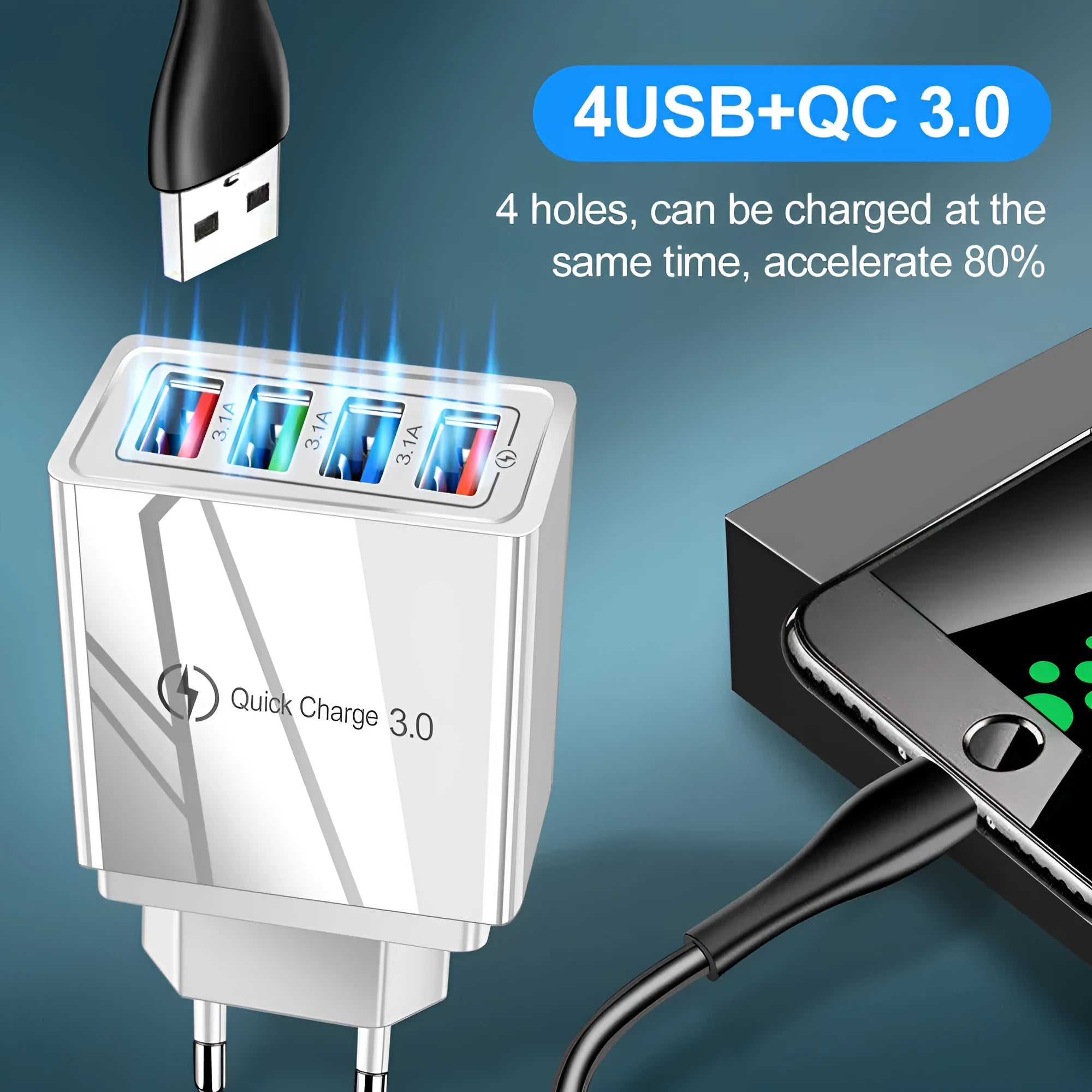 Multi-port USB charging head with four ports, available in black, white, blue, or red, with US flat feet plug shown.