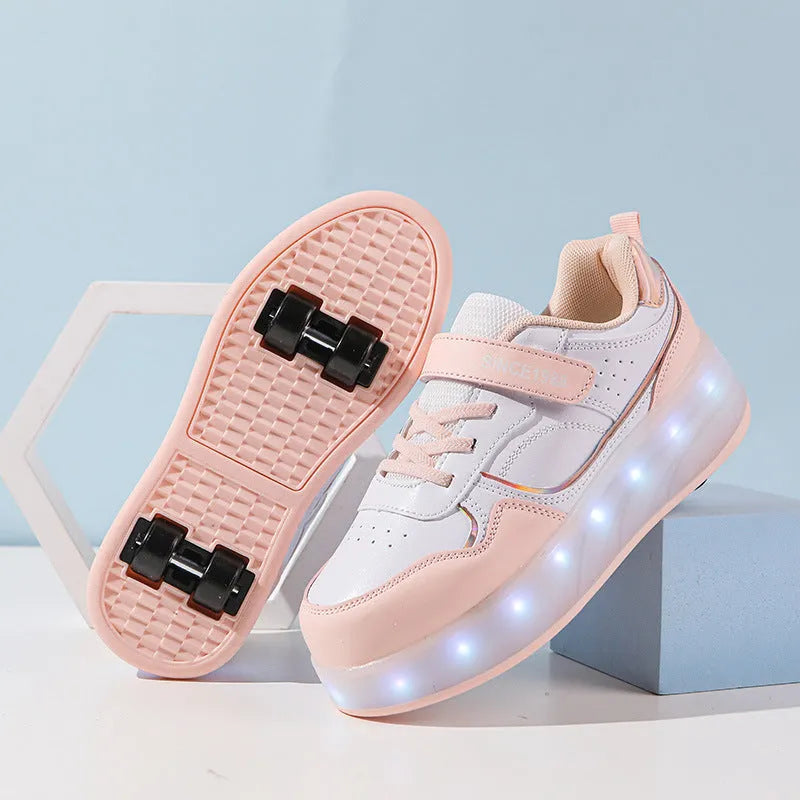 Children's light up roller skates in pink, showing LED illuminated wheels and adjustable sizing.