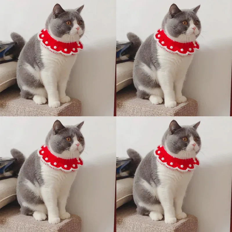 Knitted pet collar in milk cotton with cartoon pattern, shown in multiple sizes for cats, dogs, and rabbits