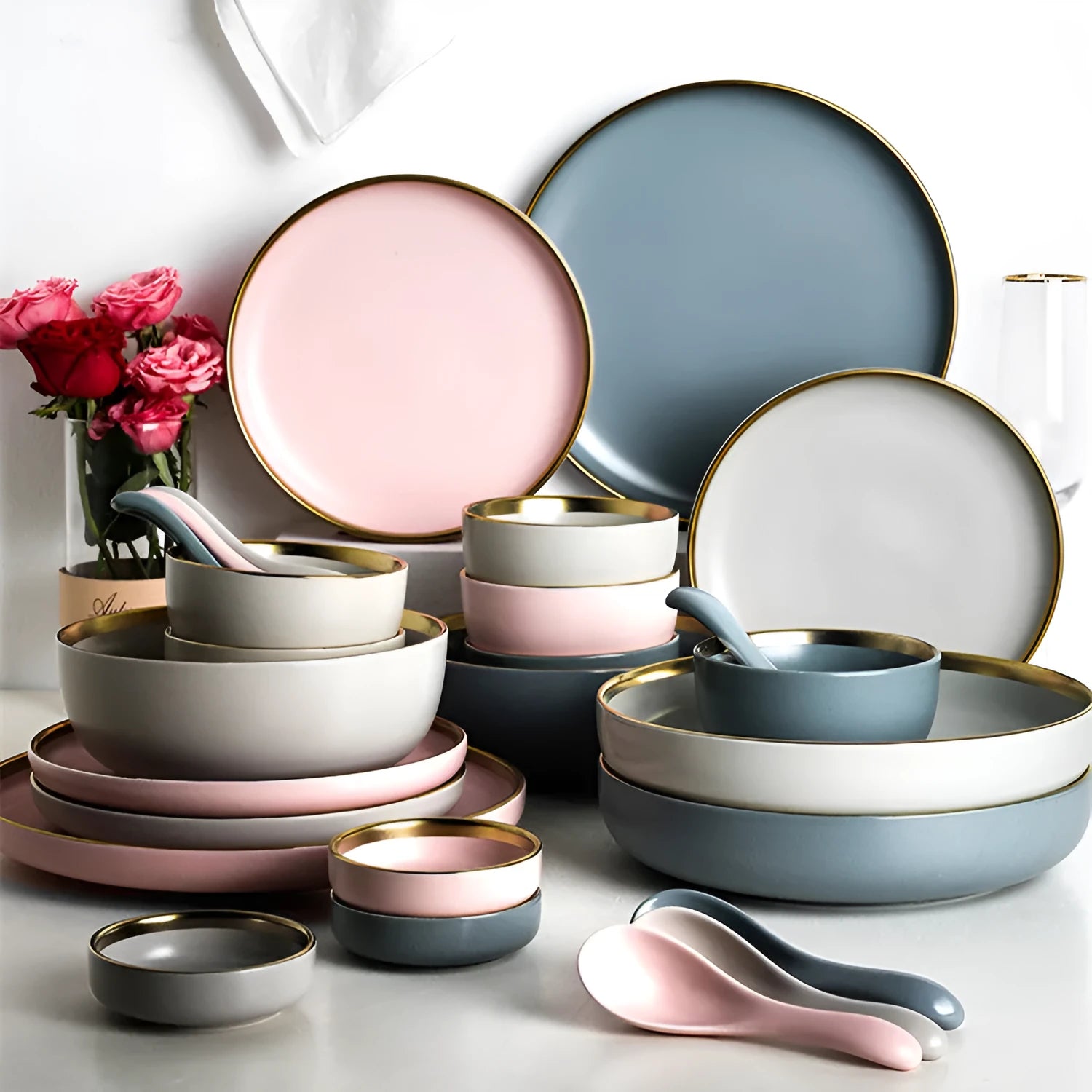 Nordic style solid colour porcelain bowl with celadon glaze finish, available in grey, blue, pink, and multiple sizes for tea drinking