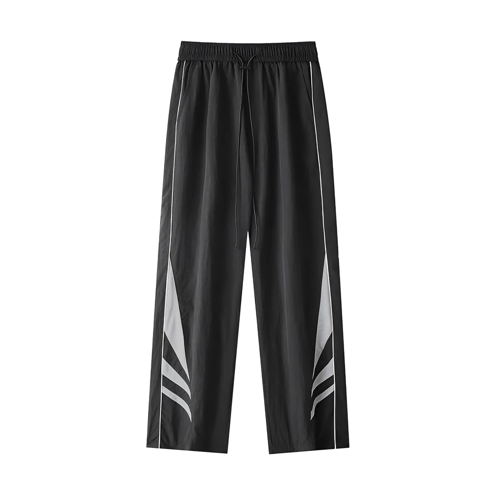 Men's straight-leg grey cotton blend sports trousers with an elasticated waistband laid flat.