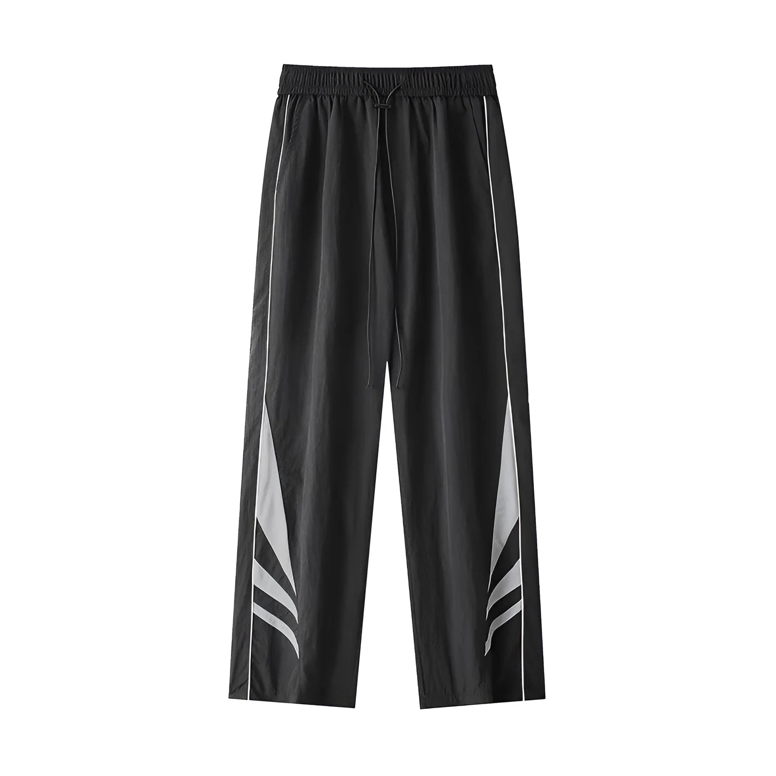 Men's straight-leg grey cotton blend sports trousers with an elasticated waistband laid flat.