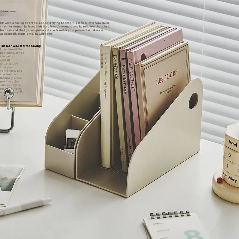 Plastic desktop organiser box with two internal shelves in ivory white colour