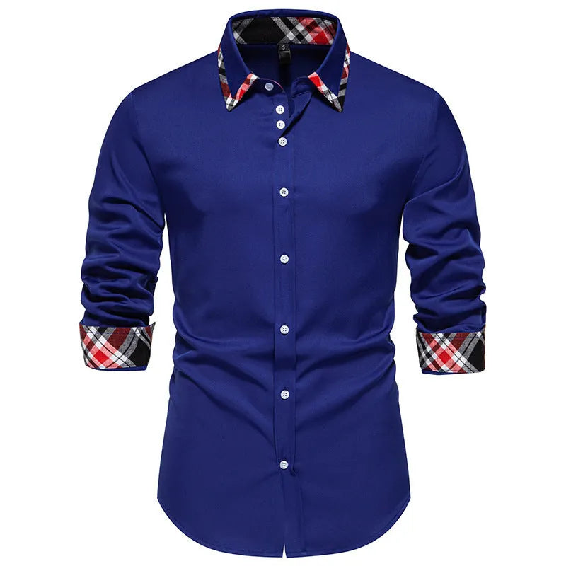 Man wearing a blue plaid contrast long-sleeve shirt with a triangle collar.